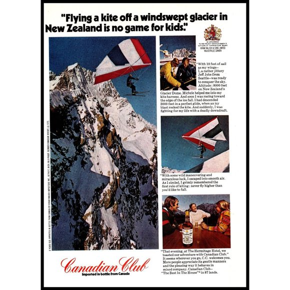 1973 Canadian Club Whisky Whiskey Vintage Print Ad New Zealand Hang Glider Photo - Picture 1 of 1